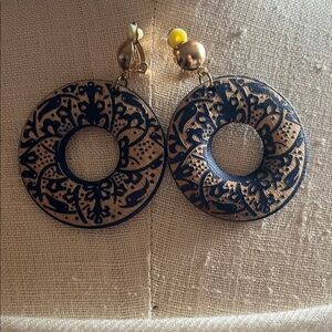 Gold and Black Floral Disk Clip-On Earrings